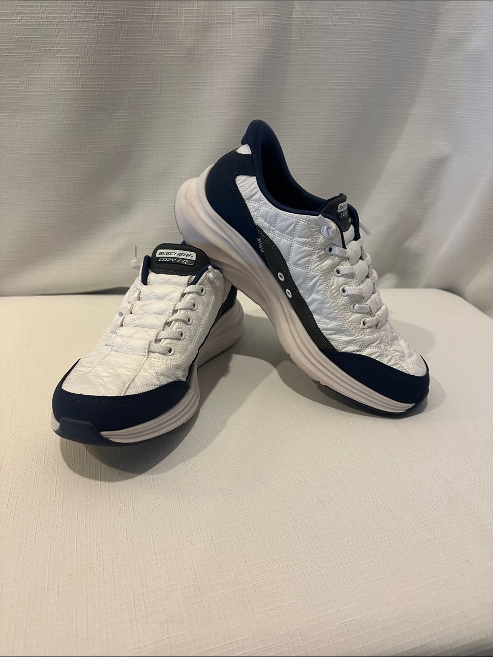 Skechers White and Navy Quilted Lace-Up Sneakers